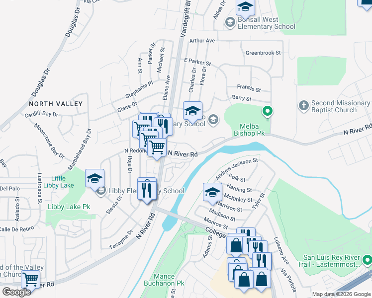 map of restaurants, bars, coffee shops, grocery stores, and more near 5037 Los Morros Way in Oceanside