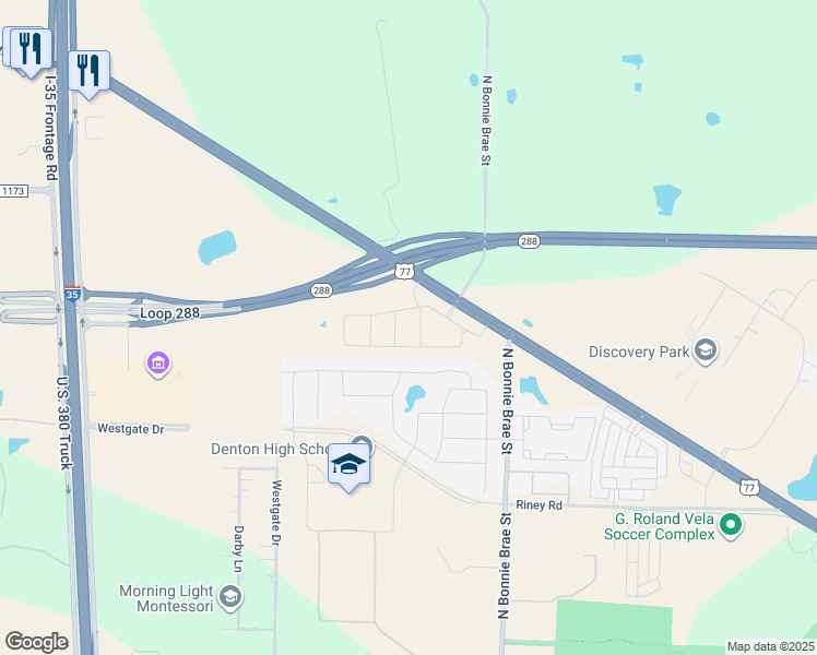 map of restaurants, bars, coffee shops, grocery stores, and more near 4000 North Elm Street in Denton