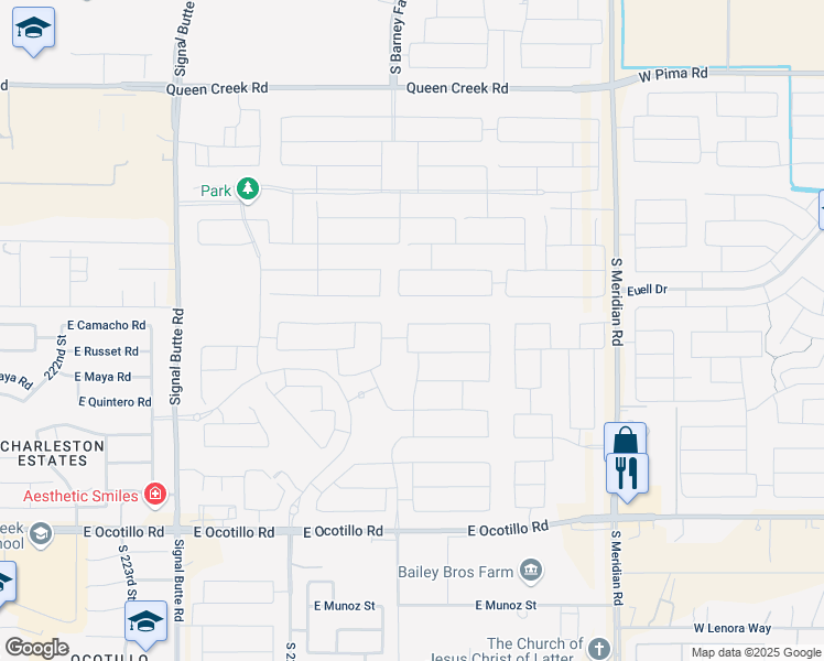 map of restaurants, bars, coffee shops, grocery stores, and more near 22821 East Camacho Road in Queen Creek