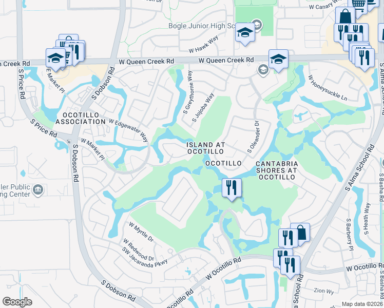 map of restaurants, bars, coffee shops, grocery stores, and more near 1974 West Peninsula Circle in Chandler