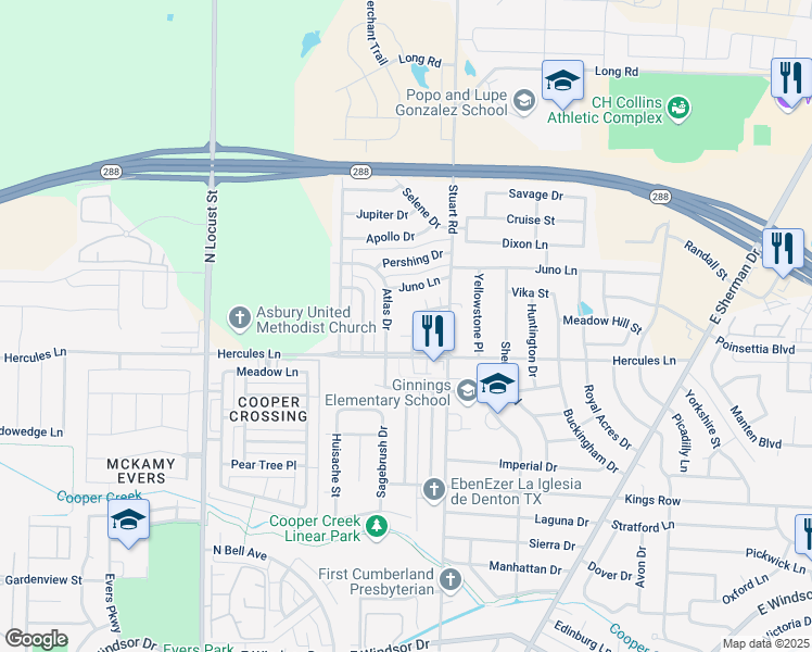 map of restaurants, bars, coffee shops, grocery stores, and more near 3813 Camelot Street in Denton