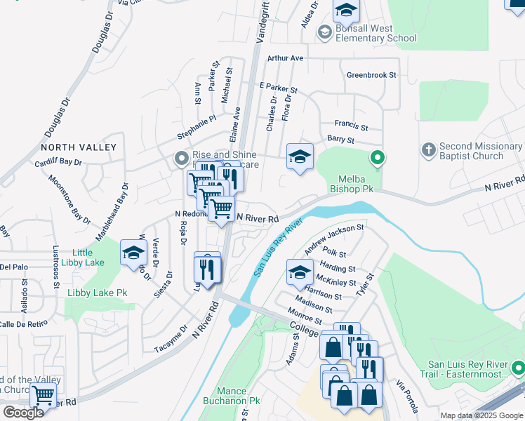 map of restaurants, bars, coffee shops, grocery stores, and more near 5037 Los Morros Way in Oceanside
