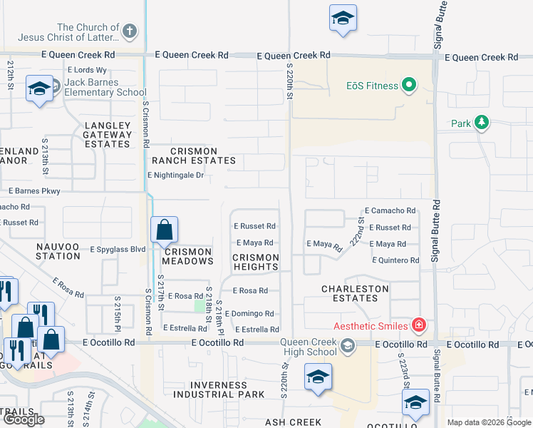 map of restaurants, bars, coffee shops, grocery stores, and more near 21983 East Camacho Road in Queen Creek