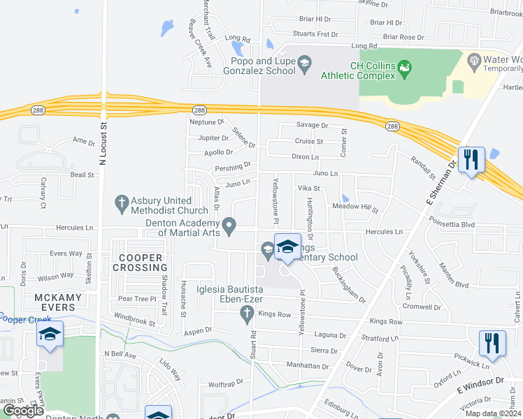 map of restaurants, bars, coffee shops, grocery stores, and more near 3816 Stuart Road in Denton