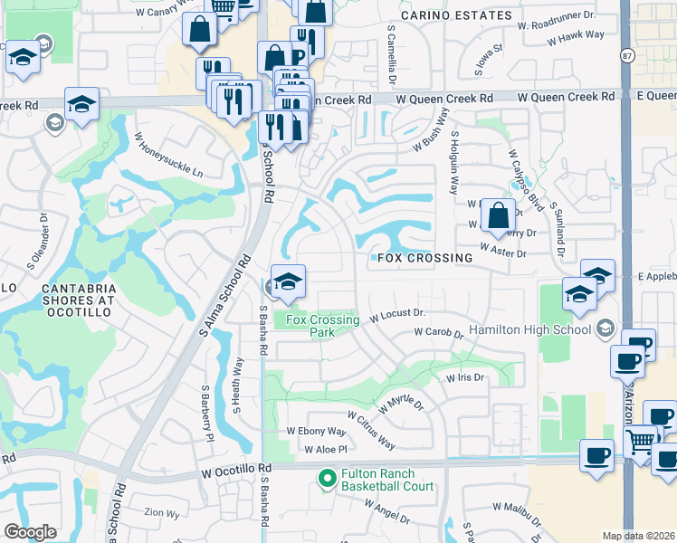 map of restaurants, bars, coffee shops, grocery stores, and more near 4495 South Beverly Place in Chandler