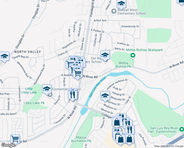 map of restaurants, bars, coffee shops, grocery stores, and more near 5034 Los Morros Way in Oceanside