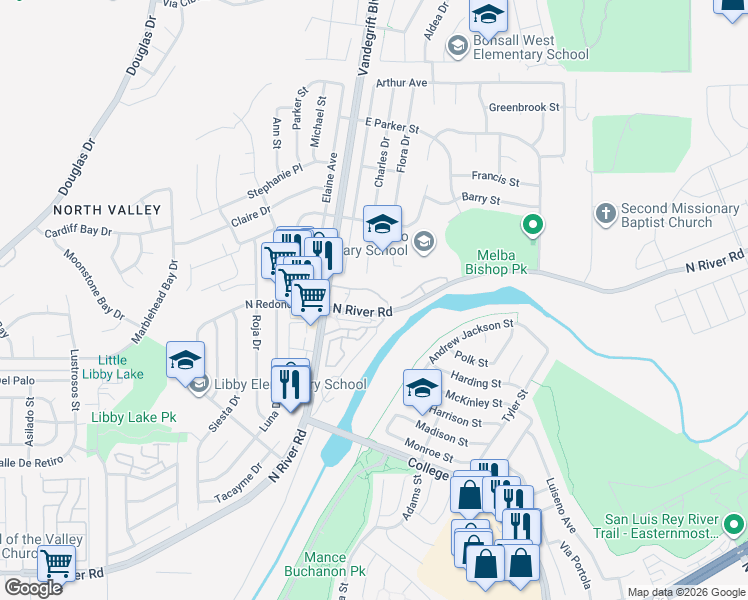map of restaurants, bars, coffee shops, grocery stores, and more near 5004 Los Morros Way in Oceanside