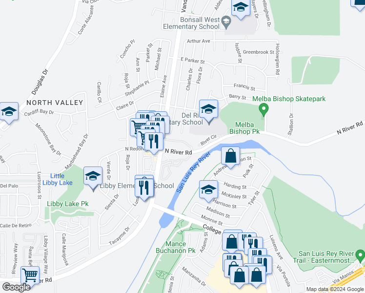 map of restaurants, bars, coffee shops, grocery stores, and more near 5004 Los Morros Way in Oceanside
