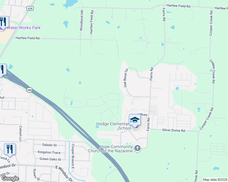 map of restaurants, bars, coffee shops, grocery stores, and more near 5030 Oak Bend Circle in Denton