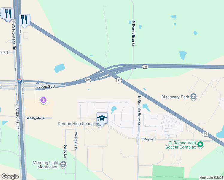 map of restaurants, bars, coffee shops, grocery stores, and more near 4000 North Elm Street in Denton