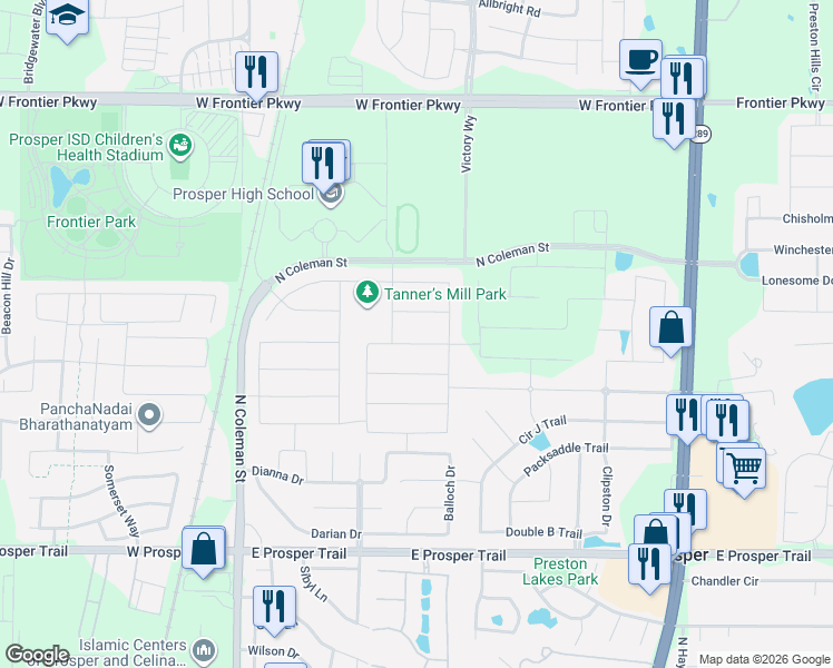 map of restaurants, bars, coffee shops, grocery stores, and more near 641 Featherstone Lane in Prosper