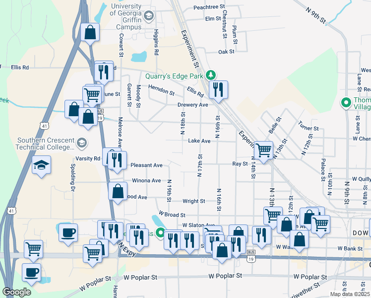 map of restaurants, bars, coffee shops, grocery stores, and more near 422 North 18th Street in Griffin