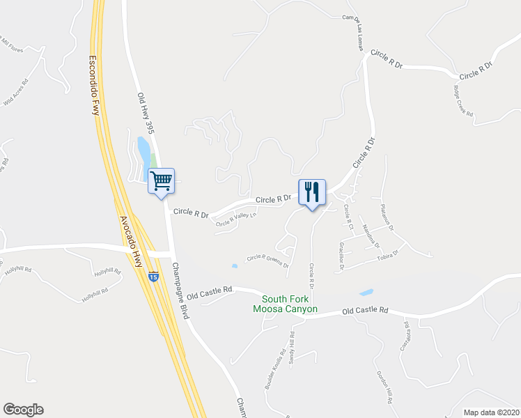 map of restaurants, bars, coffee shops, grocery stores, and more near 8677 Circle R Course Lane in Escondido