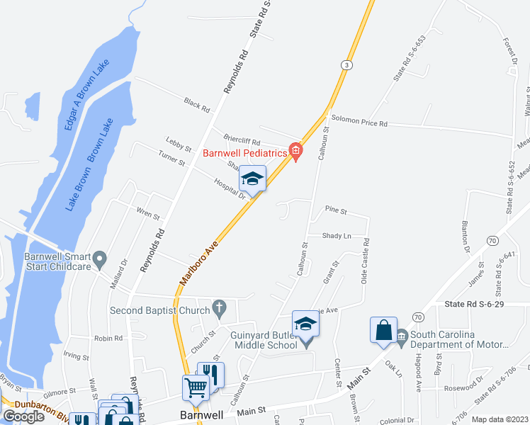 map of restaurants, bars, coffee shops, grocery stores, and more near 10524 Marlboro Avenue in Barnwell