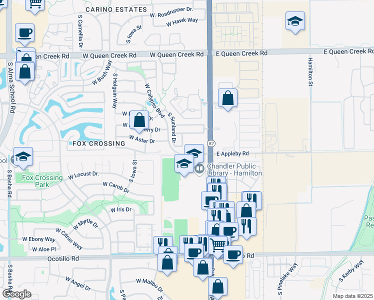 map of restaurants, bars, coffee shops, grocery stores, and more near 200 West Appleby Road in Chandler