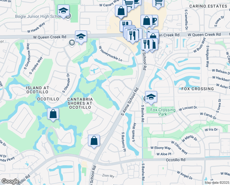 map of restaurants, bars, coffee shops, grocery stores, and more near 1211 West Sunrise Place in Chandler