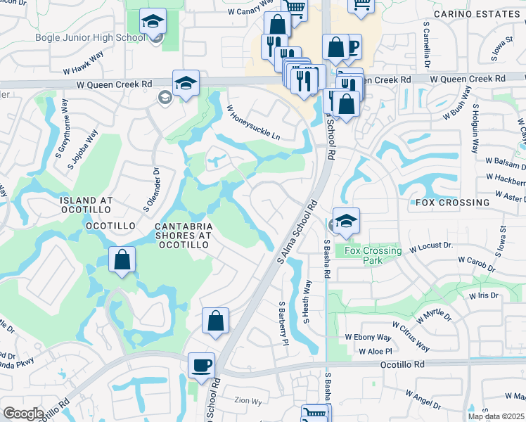 map of restaurants, bars, coffee shops, grocery stores, and more near 1211 West Sunrise Place in Chandler
