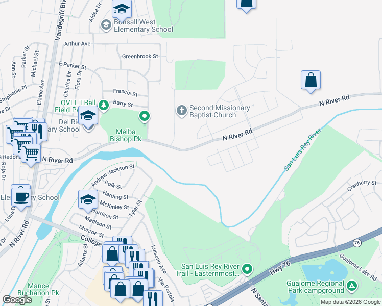 map of restaurants, bars, coffee shops, grocery stores, and more near 5451-5599 N River Rd in Oceanside