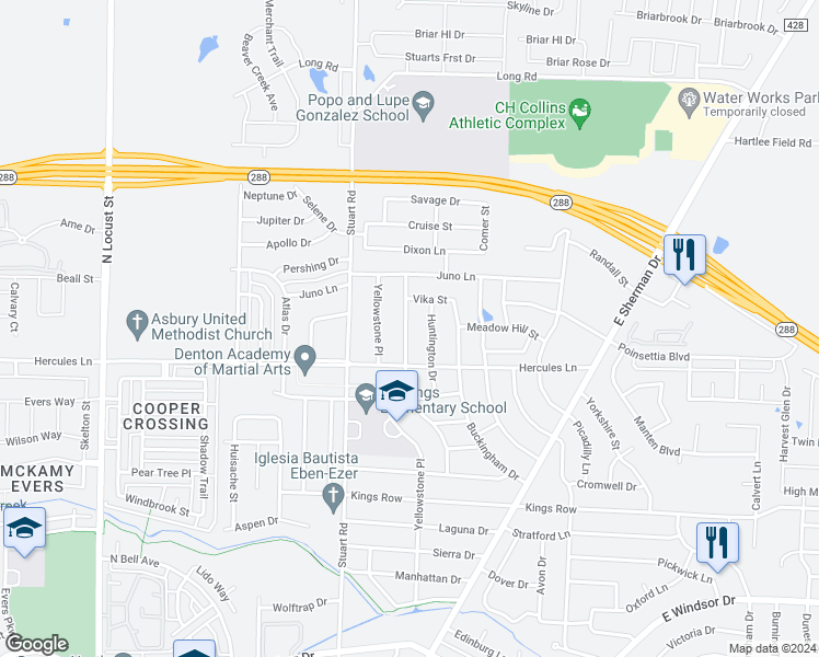 map of restaurants, bars, coffee shops, grocery stores, and more near 3824 Sheraton Road in Denton