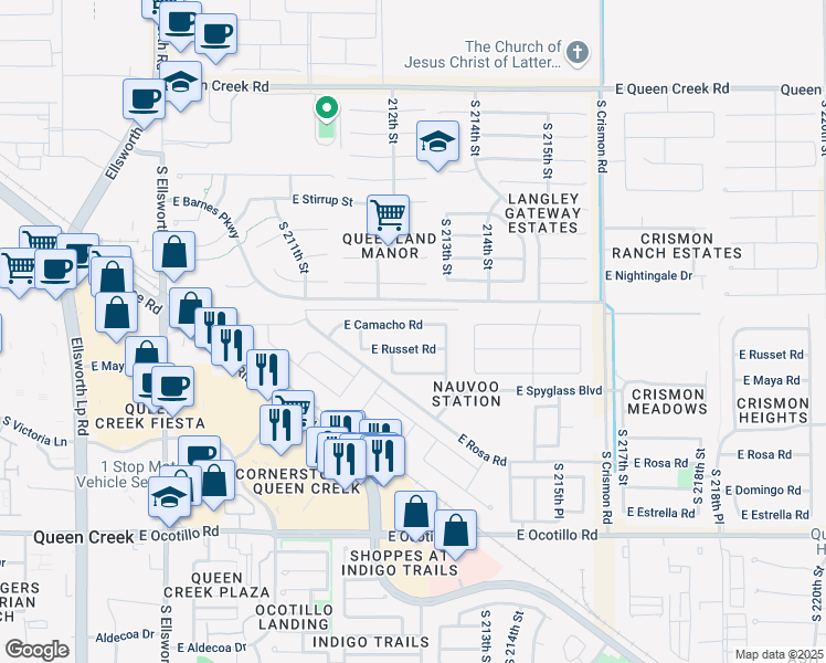 map of restaurants, bars, coffee shops, grocery stores, and more near 21228 East Russet Road in Queen Creek