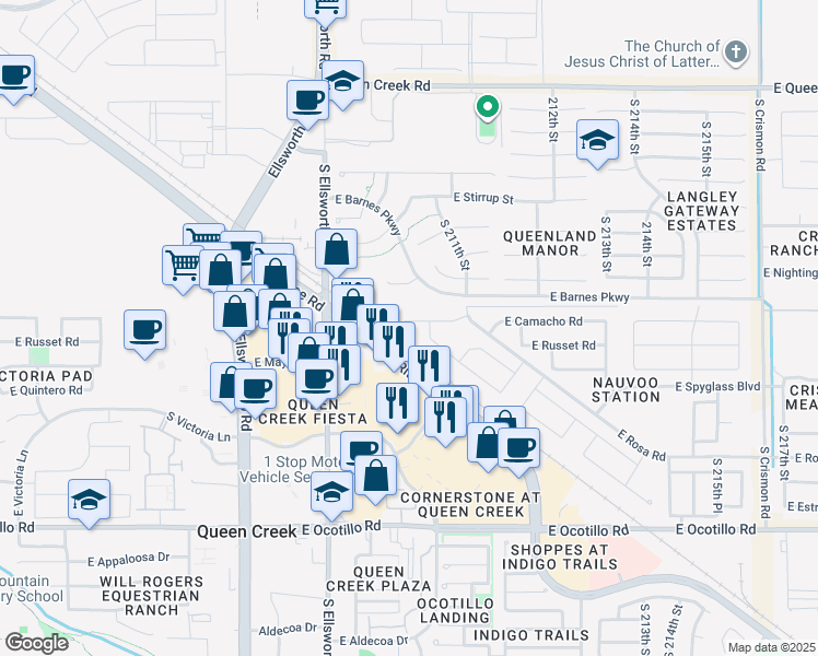 map of restaurants, bars, coffee shops, grocery stores, and more near 20953 East Camacho Road in Queen Creek