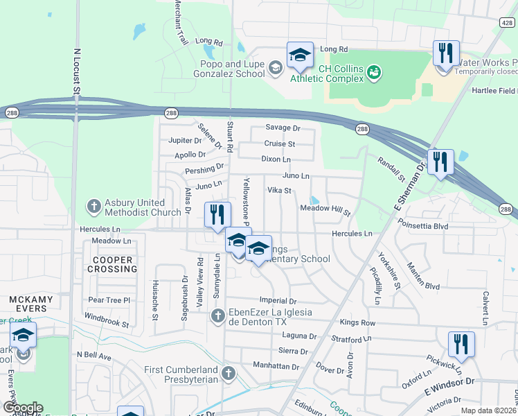 map of restaurants, bars, coffee shops, grocery stores, and more near 3825 Sheraton Road in Denton