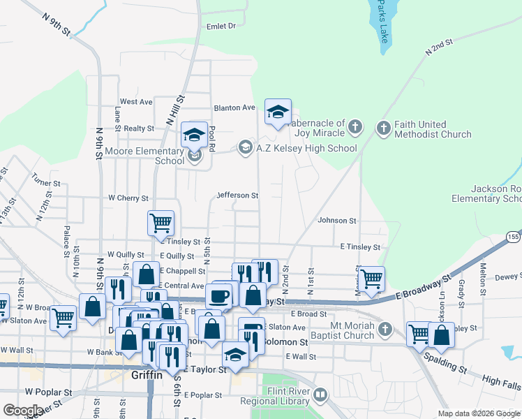 map of restaurants, bars, coffee shops, grocery stores, and more near 512 North 3rd Street in Griffin