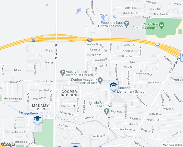 map of restaurants, bars, coffee shops, grocery stores, and more near 3820 Titan Trail in Denton