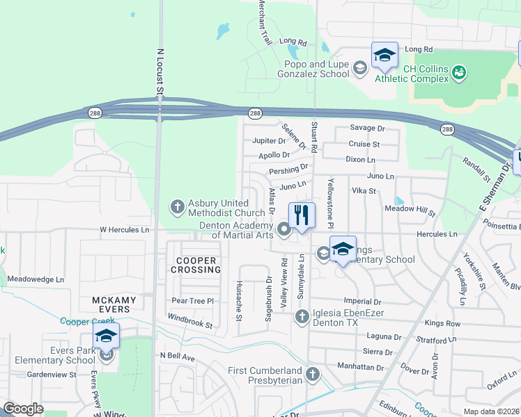 map of restaurants, bars, coffee shops, grocery stores, and more near 3820 Titan Trail in Denton