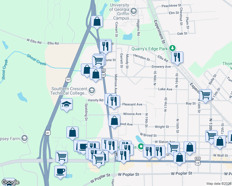map of restaurants, bars, coffee shops, grocery stores, and more near 430 Melrose Avenue in Griffin