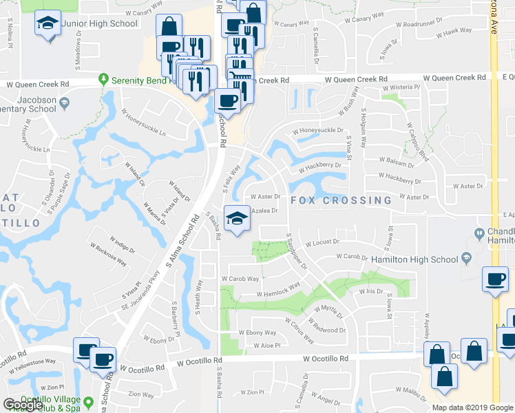 map of restaurants, bars, coffee shops, grocery stores, and more near 864 West Azalea Drive in Chandler