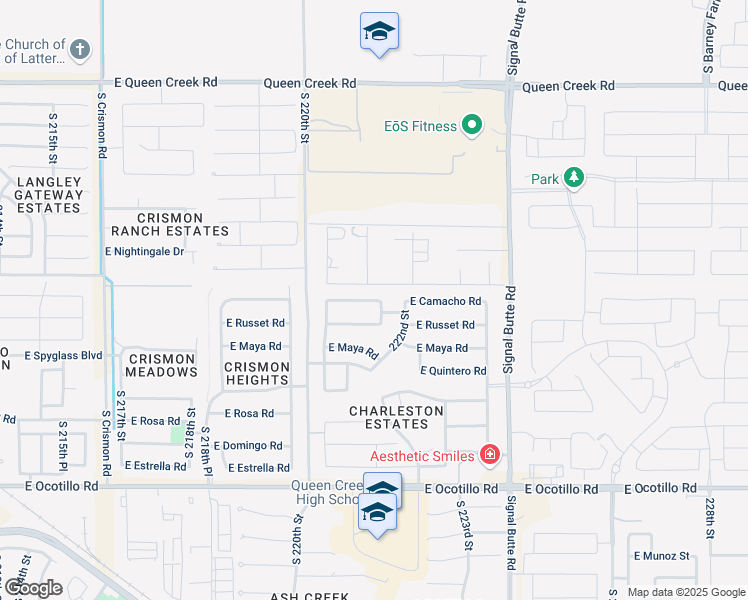 map of restaurants, bars, coffee shops, grocery stores, and more near 22123 East Camacho Road in Queen Creek