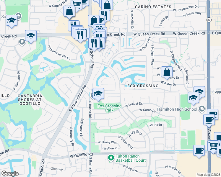 map of restaurants, bars, coffee shops, grocery stores, and more near 815 West Azalea Drive in Chandler