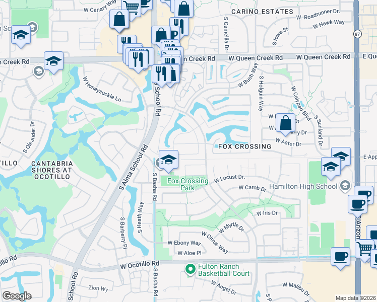map of restaurants, bars, coffee shops, grocery stores, and more near 815 West Azalea Drive in Chandler