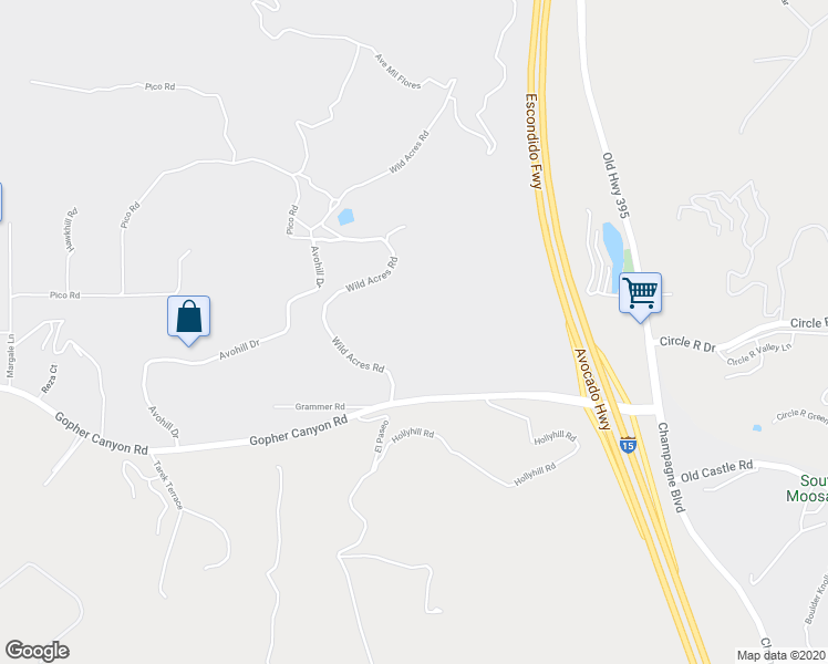 map of restaurants, bars, coffee shops, grocery stores, and more near 1435 Wild Acres Road in Vista