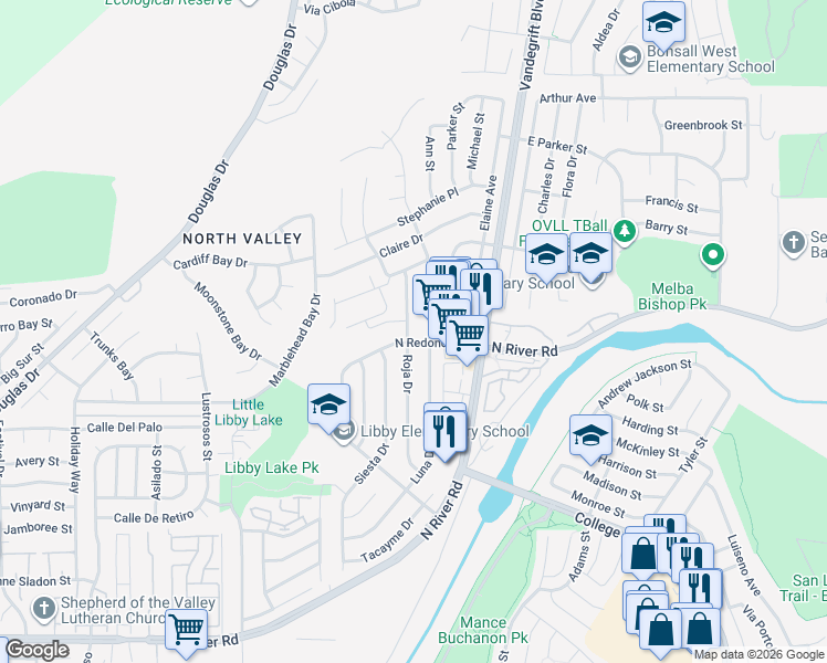 map of restaurants, bars, coffee shops, grocery stores, and more near 502 Luna Drive in Oceanside