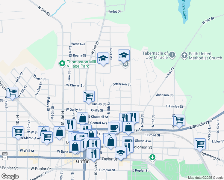 map of restaurants, bars, coffee shops, grocery stores, and more near 346 Adams Street in Griffin