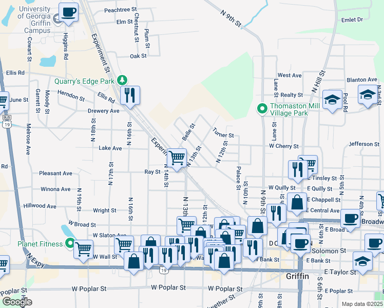map of restaurants, bars, coffee shops, grocery stores, and more near 639 Williams Street in Griffin