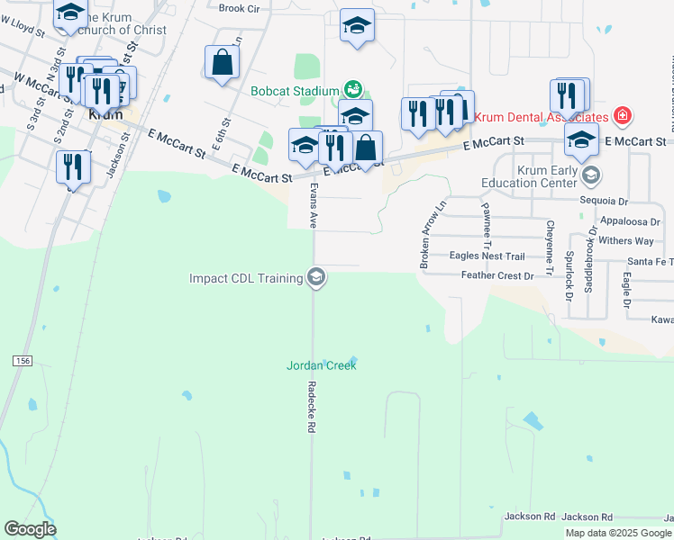 map of restaurants, bars, coffee shops, grocery stores, and more near 906 Clearview Drive in Krum