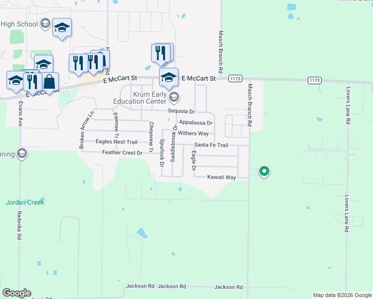 map of restaurants, bars, coffee shops, grocery stores, and more near 317 Eagle Drive in Krum