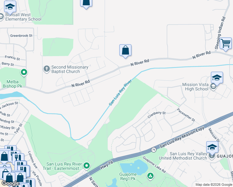 map of restaurants, bars, coffee shops, grocery stores, and more near 5461-5599 North River Road in Oceanside