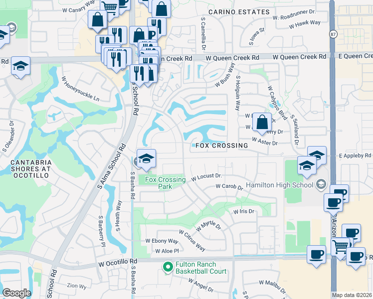 map of restaurants, bars, coffee shops, grocery stores, and more near 751 West Azalea Drive in Chandler
