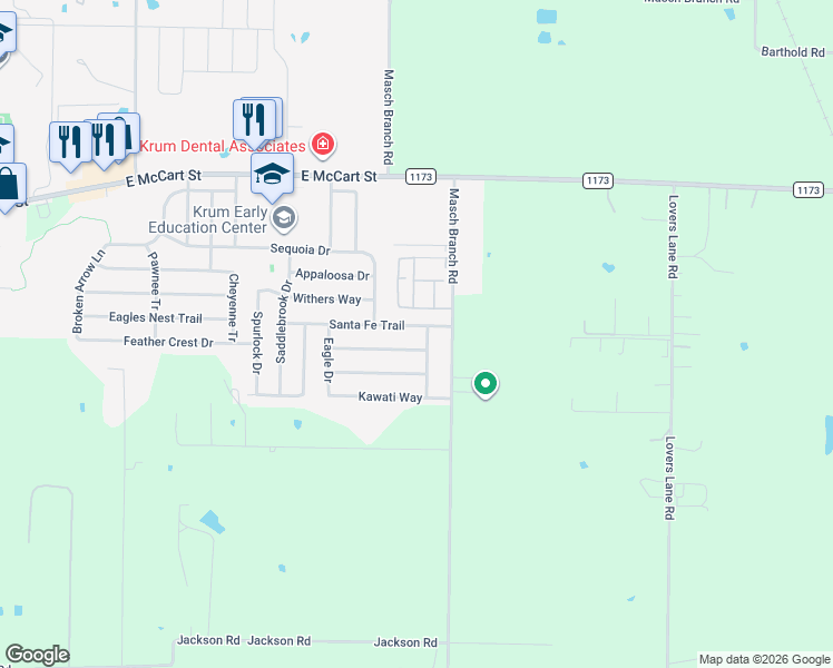 map of restaurants, bars, coffee shops, grocery stores, and more near 1714 Santa Fe Trail in Krum