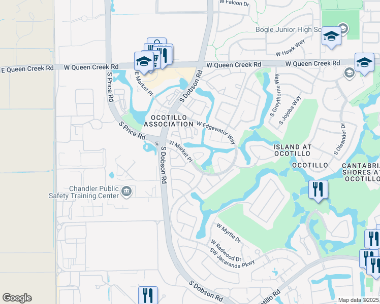 map of restaurants, bars, coffee shops, grocery stores, and more near 2460 West Hope Circle in Chandler
