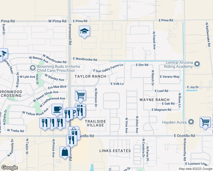 map of restaurants, bars, coffee shops, grocery stores, and more near 741 East Volk Lane in San Tan Valley