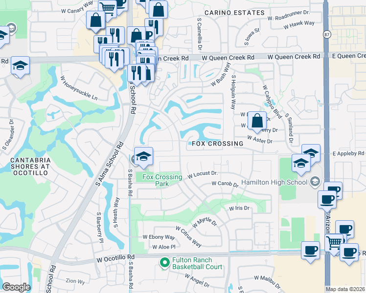 map of restaurants, bars, coffee shops, grocery stores, and more near 751 West Azalea Drive in Chandler