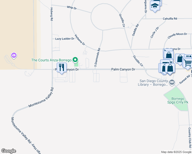 map of restaurants, bars, coffee shops, grocery stores, and more near 351 Palm Canyon Drive in Borrego Springs