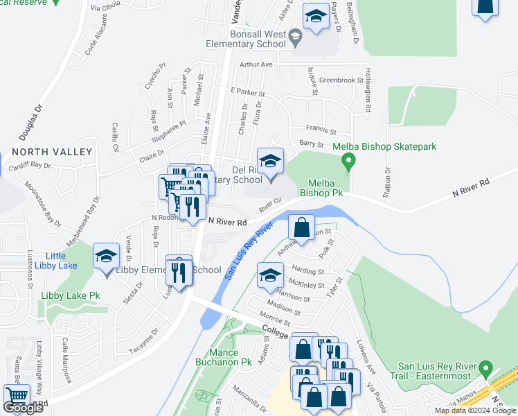map of restaurants, bars, coffee shops, grocery stores, and more near 5130 North River Road in Oceanside