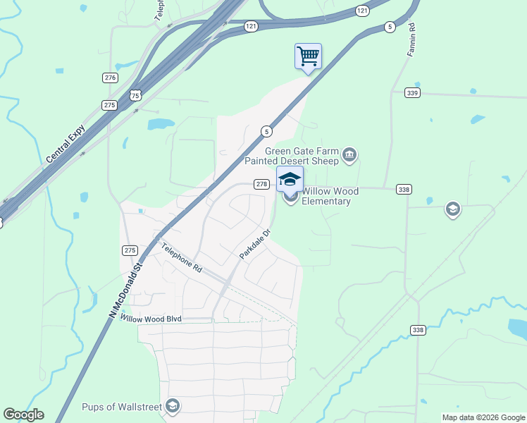 map of restaurants, bars, coffee shops, grocery stores, and more near 1044-1198 County Road 278 in Melissa