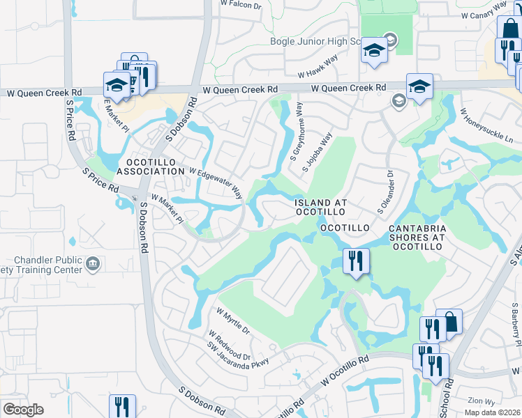 map of restaurants, bars, coffee shops, grocery stores, and more near 2134 West Peninsula Circle in Chandler